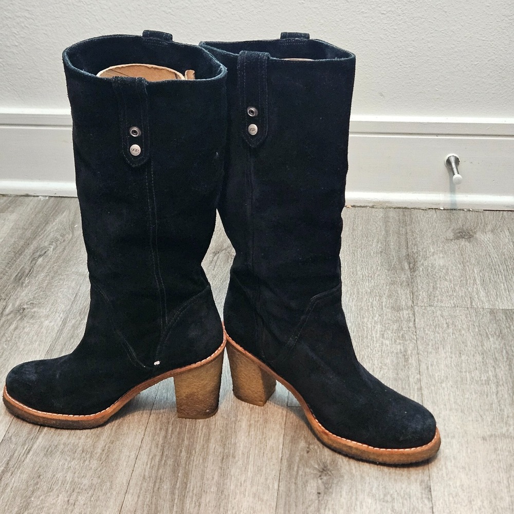 UGG Josie Women 9 Black Suede Mid Calf Block Heel Suede Boot